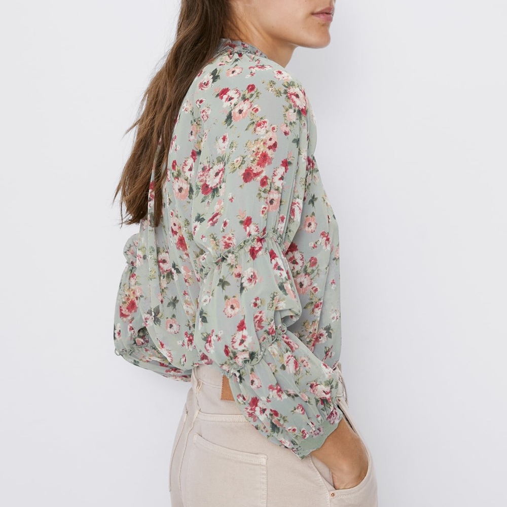 Zara Sage Green Floral Ruffle Neck Blouse